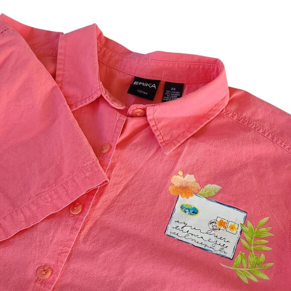 Erika Womens Coral Vacation Postcard Print Button-Up Shirt Size 2X Grandmacore - Picture 1 of 16
